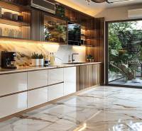 THE RIVIERA BEVERLY HILLS RESIDENCES PATTAYA - Kuchyňa vo výstavbe bytov s mramorovou podlahou a výhľadom na záhradu.