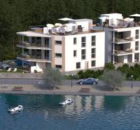 CHORVÁTSKO - Nové apartmány 3 m od mora (5i) - ostrov VIR, Zadar - Moderná budova pri vodnej hladine, obklopená zeleňou a palmami, s parkoviskom.