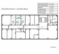 Na prenájom troj kancelária o výmere 51,4 m2, Mlynské Nivy - Pôdorys administratívnej budovy, miestnosti: kancelárie, chodby, skladové a sociálne priestory.