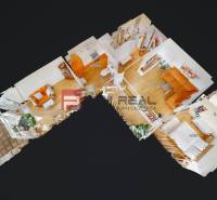 Na PREDAJ 3 izbový  byt priamo v centre mesta Pezinok - 3D pôdorys 3-izbového bytu s rozložením izieb a terasou viditeľnou zhora.