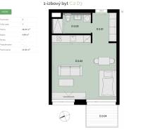 Na predaj 1-izbový byt s balkónom - D3 - Pôdorys 1-izbového bytu ukazuje kuchyňu, obývačku, kúpeľňu, balkón a ďalšie prvky.
