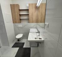 Prenájom NOVOSTAVBA FIM moderný byt 50 m2 + terasa 53 m2 PB - Kúpeľňa v 2-izbovom byte s umývadlom, toaletou, drevenými skrinkami a zrkadlom.