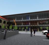 MEŠTIANSKY DOM | TRNAVA | CENTRUM - Sklená fasáda s ľuďmi a autami pred zvláštnymi nehnuteľnosťami na Hollého ulici v Trnave.
