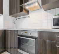 ALL INCLUSIVE REAL I KRÁSNY 2 IZBOVÝ BYT S BALKÓNOM GALANTA WEST - Kuchyňa v 2-izbovom byte so spotrebičmi a tmavým drevom, ozdobená bielymi kachličkami.