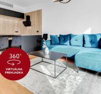 SKY PARK 2-izbový zariadený byt, KLÍMA, LODŽIA, PARKING - Obývacia izba v 2-izbovom byte na ulici Továrenská s modrou sedačkou a kuchynským kútom.