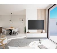 TORRE DE LA HORADADA -  nový rezidenčný komplex len 200 m od pláže - Svetlá obývacia izba v rekreačnom apartmáne s jedálenským stolom a veľkými oknami.