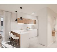 TORRE DE LA HORADADA -  nový rezidenčný komplex len 200 m od pláže - Interiér rekreačného apartmánu s kuchyňou, jedálenským stolom, zavesenými lampami a dekoráciou.