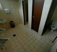Predaj/odstúpenie zabehnutej gastro prevádzky s kuchyňou, Bratislava 2 - Interiér s umývadlami, záchodom a dverami, vhodný pre gastro priestory.