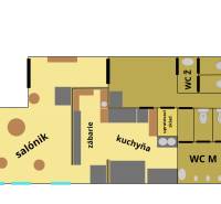 Predaj/odstúpenie zabehnutej gastro prevádzky s kuchyňou, Bratislava 2 - Pôdorys gastro priestorov: salónik, kuchyňa, sklad, toalety.