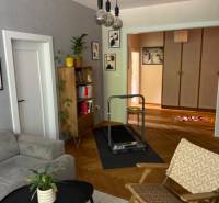 Prenájom 4izb-byt, Bratislava-Karlova Ves - Obývacia izba so svetlým nábytkom, rastlinami, dekoráciami a bežeckým pásom v 4-izbovom byte.