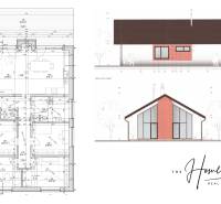THE HOME ︱ PREDAJ - designový 5-izbový rodinný dom v Chorvátskom Grob - Plán rodinného domu ukazuje dispozíciu a pohľady na budovu.