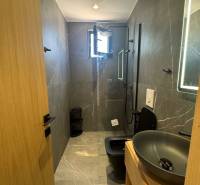 Ksamil – luxusné zariadené apartmány v Maledivách Európy - Kúpeľňa v rekreačnom apartmáne so sprchou, moderným umývadlom a tmavým WC pre pohodlie.