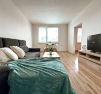 - EXKLUZÍVNE - PREDAJ - 3,5 IZBOVÝ BYT - LEVICE - Obývačka v 4-izbovom byte s pohovkou, stolíkom a televízorom na drevenej podlahe.