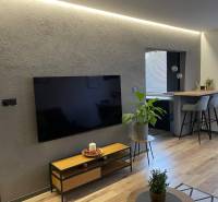 Na predaj krásny komplet prerobený, moderne zariadený 3-izb. byt v BnB - Obývačka v 3-izbovom byte s moderným TV, rastlinami a barovým pultom s vysokými stoličkami.