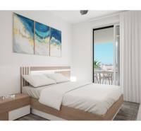 LOS ALCÁZARES -rekreačné apartmány s turistickou licenciou na prenájom - Rekreačný apartmán s manželskou posteľou, nočným stolíkom, balkónovými dverami a obrazom na stene.