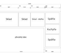 PREDAJ-vidiecky dom s veľkým pozemkom pod lesom, Nitr.Sučany, okr.PD - Pôdorys rodinného domu s miestnosťami: sklad, dielňa, spálne, kuchyňa.