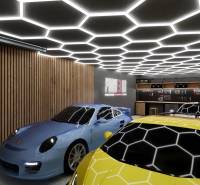 Exkluzívne garáže v projekte PARK3BA, Triblavina, Bratislava - Obchodné priestory so zaparkovanými športovými autami a moderným osvetlením na strope.