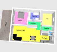 LUKRATÍVNY Moderný 3-izbový dom s bazénom – Čierna Voda, okres Galanta - Pôdorys rodinného domu ukazuje izby, kuchyňu, obývačku, kúpeľňu a terasu.