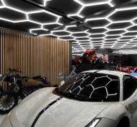Exkluzívna garáž ( typu B) v projekte PARK3BA, Triblavina, Bratislava - Obchodné priestory s automobilmi, motorkami a unikátnym osvetlením stropu v garáži.