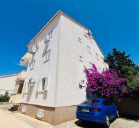 ☀NOVALJA (HR) -  2-izbový apartmán 45 m2 s terasou v 2.rade u mora - Bytový dom v Novalji s parkovaním, bielo-kvetnaté stromy a modré auto pred budovou.