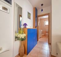 ☀NOVALJA (HR) -  2-izbový apartmán 45 m2 s terasou v 2.rade u mora - Chodba v 2-izbovom byte so vstupom do kúpeľne, modrým nábytkom a ozdobnými kvetmi.