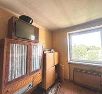 PREDAJ 3 izbový byt, Jarná ulica - Vintage nábytok a televízor v 3-izbovom byte s výhľadom cez okno.