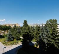NOVOREKONŠTRUOVANÝ 2 - IZBOVÝ BYT , UL. LOMONOSOVOVA, TERASA - Pohľad na bytové domy obklopené stromami a ihrisko v Košiciach, mestskej časti Juh.