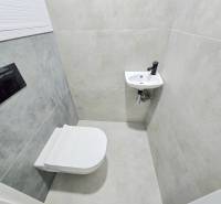 3 izbový byt Bánovce nad Bebravou / CENTRUM- STRED / 56 m2 / NOVÁ REKO - Kúpeľňa v 3-izbovom byte s toaletou a umývadlom, obložená šedými dlaždicami.