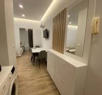 Sarandë - novozariadený apartmán s výhľadom na more - Chodba rekreačného apartmánu s práčkou, zrkadlom a jedálenským stolom.