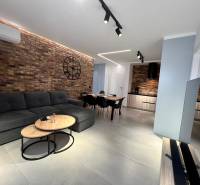 Sarandë - zariadený apartmán, výhľad na more, garážové státie - Obývacia izba v rekreačnom apartmáne s tehlovou stenou, sedačkou a televízorom.