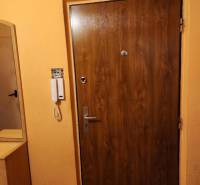 REZERVOVANÝ- 1-izbový byt, Košice, Ružová ulica - Drevené vchodové dvere v 1-izbovom byte, vedľa je interkom a šatníková skriňa.