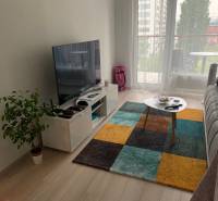 Nový moderný byt s balkónom a parkovaním v širšom centre. Jarabinková - Obývacia izba 2-izbového bytu s TV, kobercom a balkónom.
