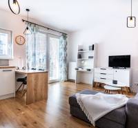 PREDAJ: menší 2-izbový byt + KK,  Košice–Nová Terasa, ul. Strážovská - Obývacia izba v 2-izbovom byte s pohovkou, TV, jedálenským stolom a modernými lampami.
