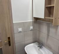 Na prenájom - príjemný 3i byt s balkóm v Detve -kompletná rekoštrukcia - Kúpeľňa v 3-izbovom byte s umývadlom, zrkadlom a drevenými dverami.