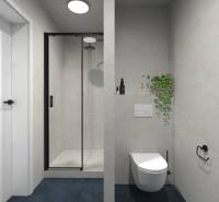2-izbový byt (41 m2), kompletná rekonštrukcia, lódžia (5,5 m2), DCA - Kúpeľňa v 2-izbovom byte so sprchovým kútom, toaletou a rastlinou na stene.