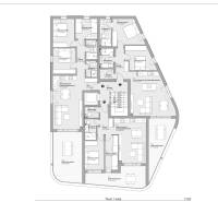 CHORVÁTSKO - Apartmány 140 m od pláže (3i) - VODICE - Pôdorys 3-izbových bytov s terasami a miestnosťami v modernom apartmánovom komplexe.
