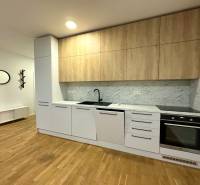 Budova s 8 apartmánmi alebo medicínske centrum, 9 park. miest- Kolibe - Kuchyňa s drevenými skrinkami, bielymi spotrebičmi a vzorovanou stenou, na ulici Na varte.