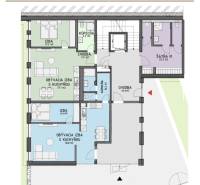 Budova s 8 apartmánmi alebo medicínske centrum, 9 park. miest- Kolibe - Pôdorys prízemia budovy na ulici Na varte ukazuje apartmány s chodbou a izbou.