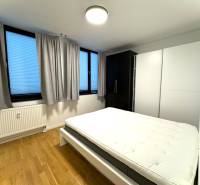 Budova s 8 apartmánmi alebo medicínske centrum, 9 park. miest- Kolibe - Spálňa so sivými závesmi, bielou skriňou a drevenou podlahou, na ulici Na varte.