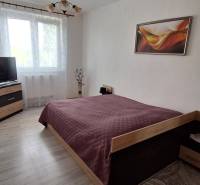PREDAJ: 3 izbový byt s loggiou - Komárno, č. Ďulov Dvor - Spálňa v 3-izbovom byte s posteľou, televízorom a dekoráciou na stene.