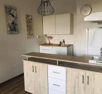 1-izb. apartmán, Antolska ul., Petržalka, rezidencia Draždiak - Kuchyňa v 1-izbovom byte so skriňami, lampou a obrazmi na stene.