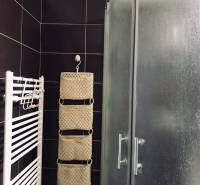 1-izb. apartmán, Antolska ul., Petržalka, rezidencia Draždiak - Kúpeľňa s čiernymi dlaždicami, sprchovým kútom a radiátorom v 1-izbovom byte.