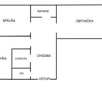 REZERVOVANÝ 2 IZBOVÝ TEHLOVÝ BYT, BALKÓN, ŠIRŠIE CENTRUM, PREŠOV - Pôdorys 2-izbového bytu zahŕňa kuchyňu, obývačku, spálňu a balkón.