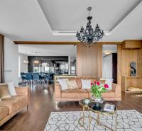 Predaj, Luxusný 4 izbový byt, 180 m2 + 25 m2, Condominium Renaissance - Elegantná obývačka so sedačkou, krbom a svietidlom v 4-izbovom byte.