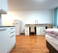 PREDAJ-GARSÓNKA-20m2-GUOTHOVA- KRAMÁRE - Garsónka so svetlým interiérom, kuchynským kútom, stolom, dvomi stoličkami a lôžkom.