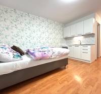 PREDAJ-GARSÓNKA-20m2-GUOTHOVA- KRAMÁRE - Garsónka s posteľou, kuchynskou linkou a kvetinovou tapetou na stene.