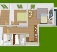 Jedinečný 3-izbový apartmán s balkónom, 71 m², Nový Ružinov - Pôdorys 3-izbového bytu s kuchyňou, obývačkou, kúpeľňou a dvoma spálňami.