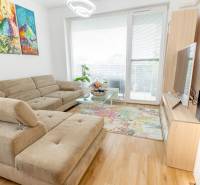 Jedinečný 3-izbový apartmán s balkónom, 71 m², Nový Ružinov - Obývacia izba s pohodlnou pohovkou, farebnými obrazmi a veľkými oknami v 3-izbovom byte.
