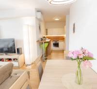 Jedinečný 3-izbový apartmán s balkónom, 71 m², Nový Ružinov - Obývačka a kuchyňa v 3-izbovom byte, s dreveným nábytkom a dekoratívnymi kvetmi.
