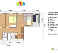 Jedinečný 3-izbový apartmán s balkónom, 71 m², Nový Ružinov - Pôdorys 3-izbového bytu ukazuje rozloženie izieb, balkónu a pivnice.